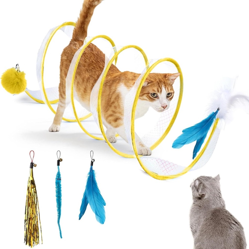 ✨BNWT - Foldable Interactive Cat Tunnel with Bell/Feather/PomPom Balls - Yellow✨